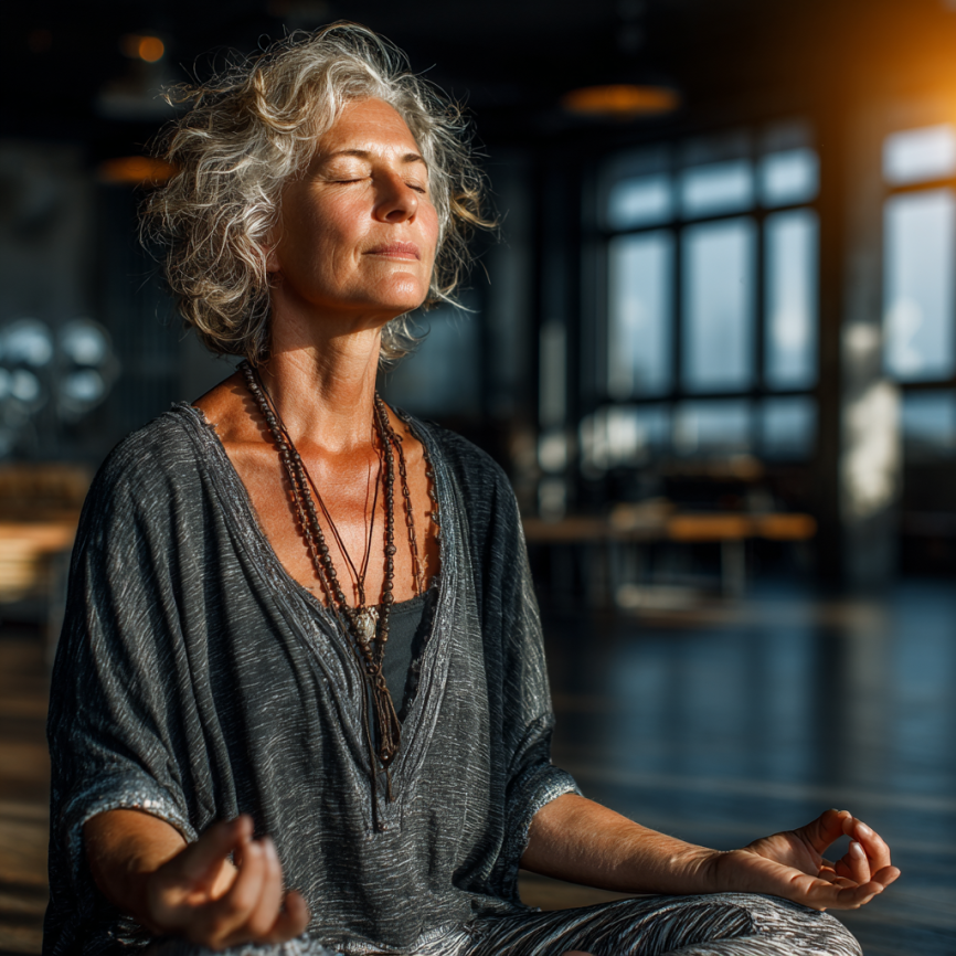 Літня жінка виконує йогу у спокійному середовищі