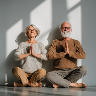 Група літніх людей виконує йогу на свіжому повітрі